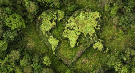 Obraz premium heart-shaped world map covered with green moss on grass in a forest, a Planet Earth Day concept