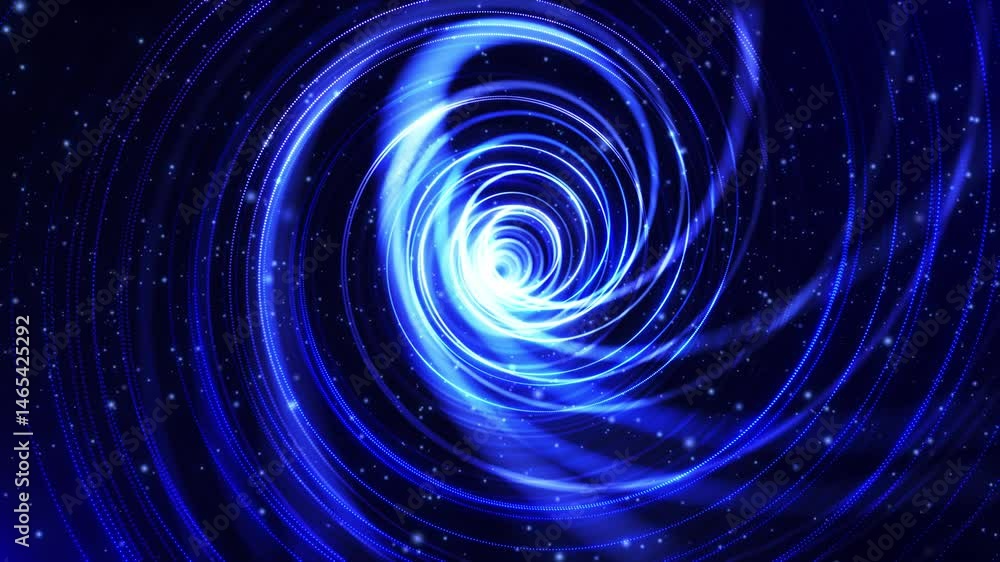 Poster digital neon high-tech spiral and bright blue particles flight on dark background. cyber ​​world sce