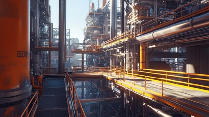 Fototapeta premium Massive chemical plant with networks of pipes and metallic walkways.