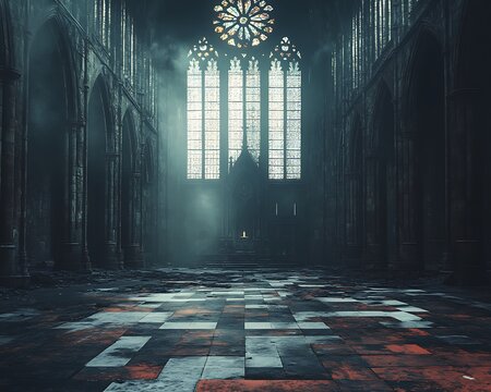 Interior view of a dilapidated gothic cathedral.