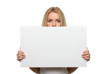 Woman holding a blank white sign covering her face with blonde hair and green eyes visible only isolated on transparent background