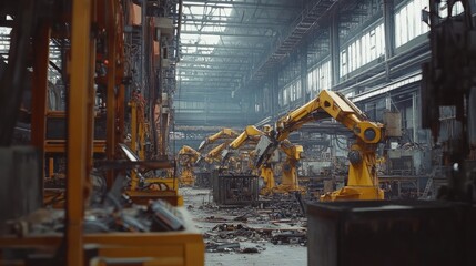 Fototapeta premium Robotic arms at work in an advanced industrial assembly line.