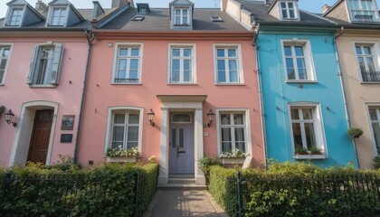 Naklejka premium Charming Pastel-Colored Townhouses in European Village