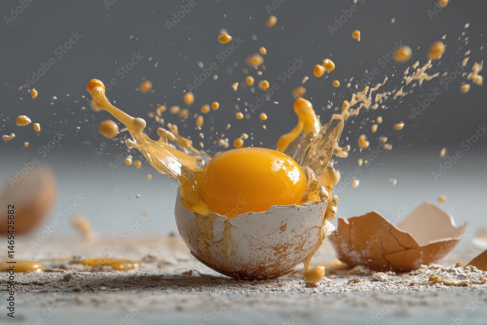 Poster yolk splashing dramatically above broken shell creates stunning visual in kitchen setting generative