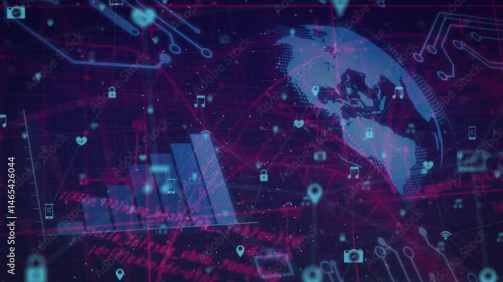 Poster stylized globe showing network connections, bar chart rising, data icons floating over dark grid
