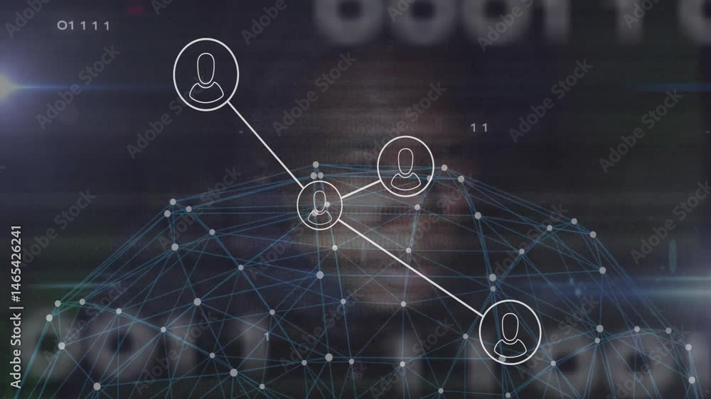 Poster digital network graph showing user icons floating inside wireframe dome with binary text streaks