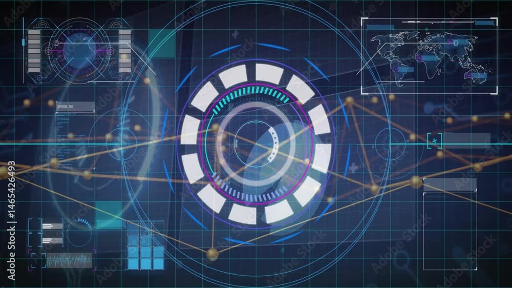 Poster animated futuristic hud gauge rotating at center, displaying glowing data panels and network lines