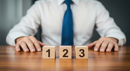 A person in a white shirt and blue tie sitting behind wooden blocks labeled with the numbers one two and three  real estate business ,technology ,selling ,purchasing ,agreement