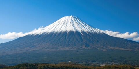 Majestic Mount Fuji SnowCapped Peak Against Azure Sky in Japan.