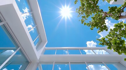 Obraz premium Looking Up at Bright Sunlight and Blue Sky From Modern Building