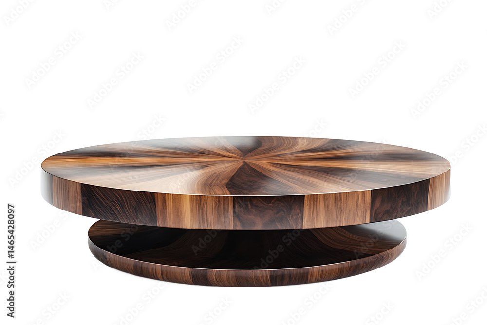 Poster a two tiered round wooden table with a radial pattern on a black background in studio lighting