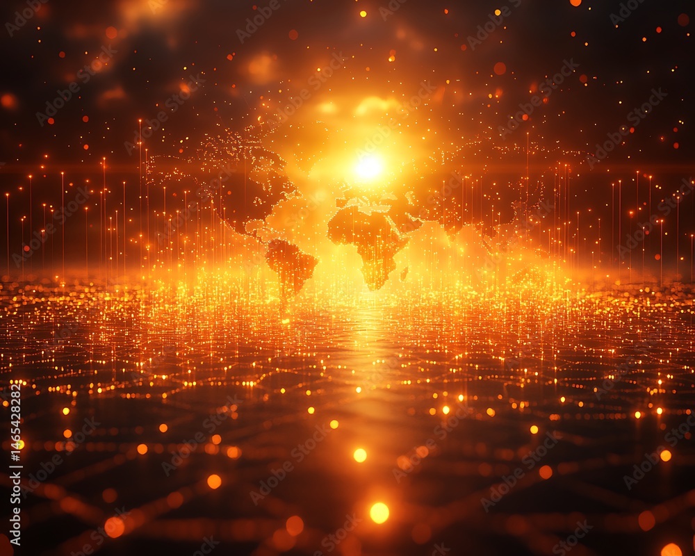 Poster dynamic digital representation of a world map bathed in warm light.