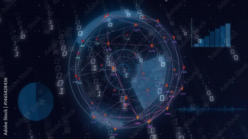 Poster Circular network visualization rotating in flat dashboard showing linked nodes and data flow