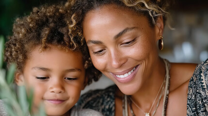 Fototapeta premium Smiling Mother and Son Portrait Displaying Love and Affection Under Soft Natural Lighting