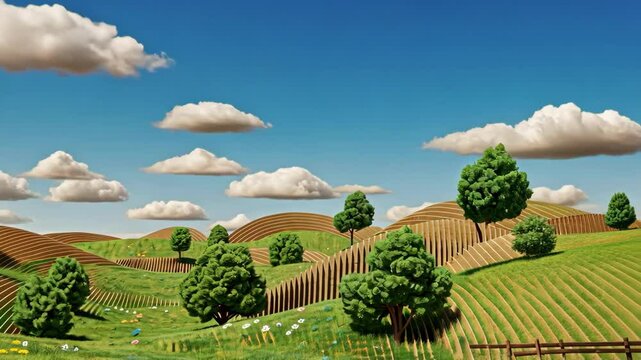Rolling hills with clouds and trees, idyllic view