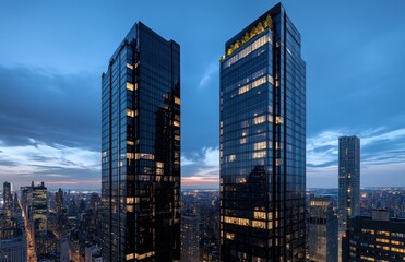 Obraz premium Two modern skyscrapers dominate the New York City skyline at twilight. Dark glass facades reflect the city lights,