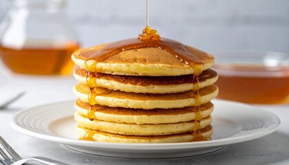 Stack of pancakes with syrup drizzle