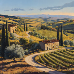 Serene Tuscan Landscape: Rolling Hills, Vineyards, and Cypress Silhouettes at Sunrise