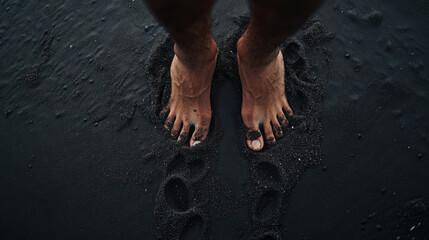 Footprints on black sand beach
