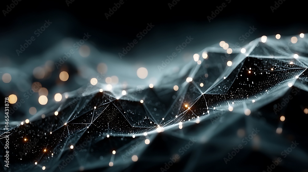 Poster abstract connected polygons, nodes, and lines with glowing light on dark backdrop