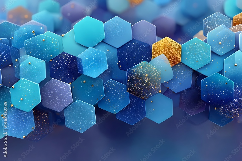 Poster abstract composition of interlocking blue and gold hexagons with dots pattern background