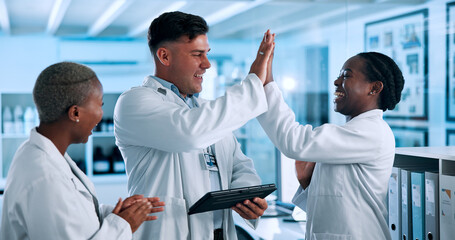 Science, high five and people on tablet in laboratory celebrate for results, breakthrough and...