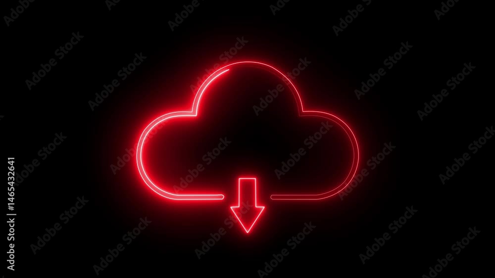 Poster glowing neon download cloud arrow animation. red color ,cloud space and technology, data backup, glo