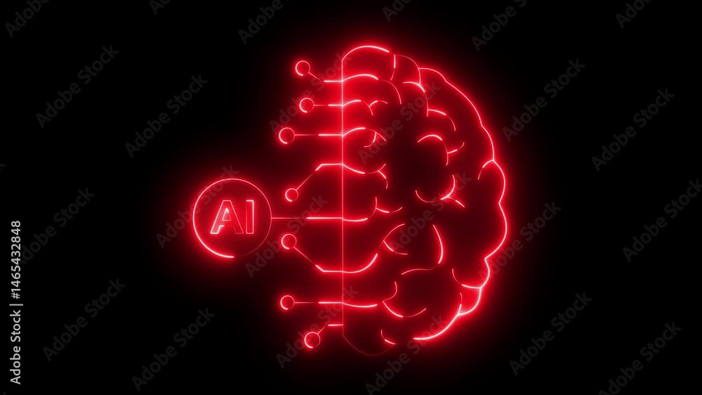 Poster human brain with tech icon. neon icon , ai ,with red color , silhouette man head gears. mental healt