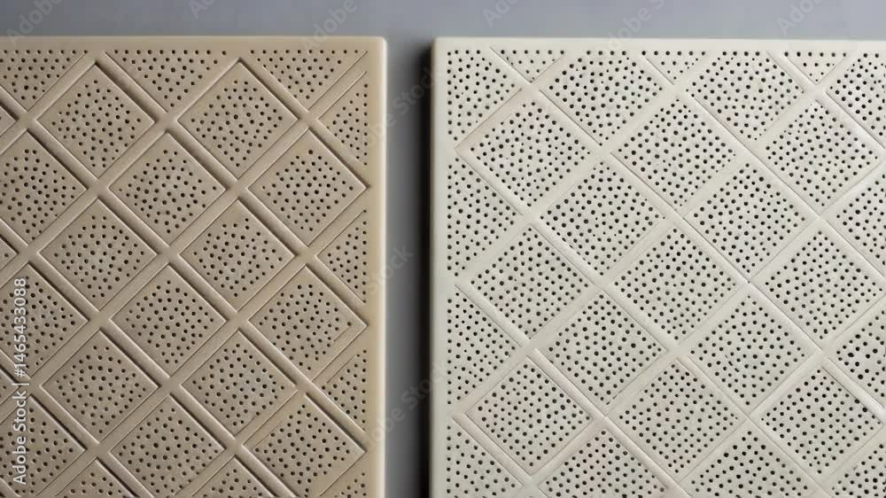 Poster a closeup image of acoustic ceiling tiles with perforated designs emphasizing their lightweight stru