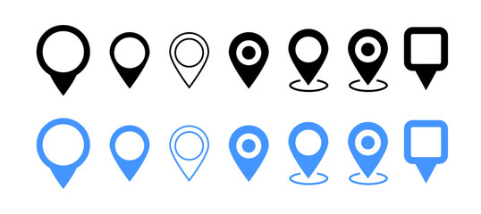 Pin location icon set in vector format. Includes map pins, GPS markers, and navigation symbols for apps, maps, UI design, travel, and location-based services.