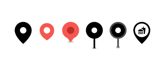 Pin location icon set in vector format. Includes map pins, GPS markers, and navigation symbols for apps, maps, UI design, travel, and location-based services.