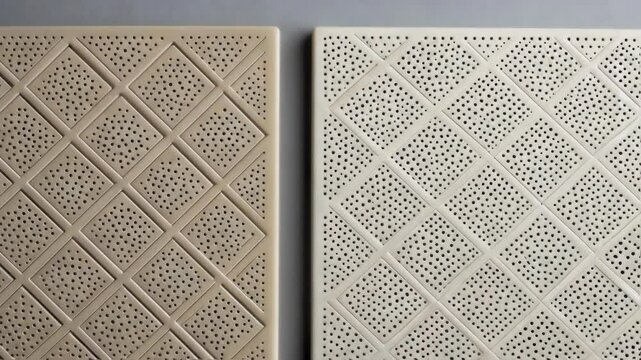 A closeup image of acoustic ceiling tiles with perforated designs emphasizing their lightweight structure that helps manage sound reverberation.