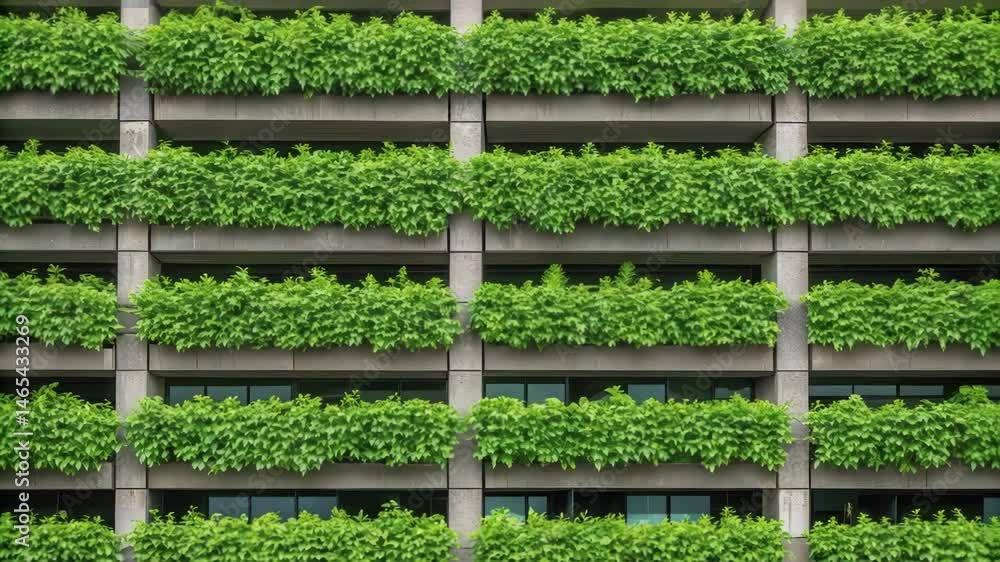 Poster A closeup image of a green wall adorned with vertical plants seamlessly integrated into the side of a modular parking structure emphasizing ecofriendliness and urban greenery.