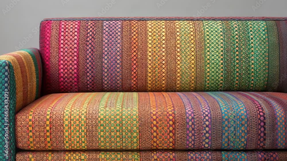 Poster colorful striped sofas standing in neat row, highlighting contemporary furniture design with vibrant
