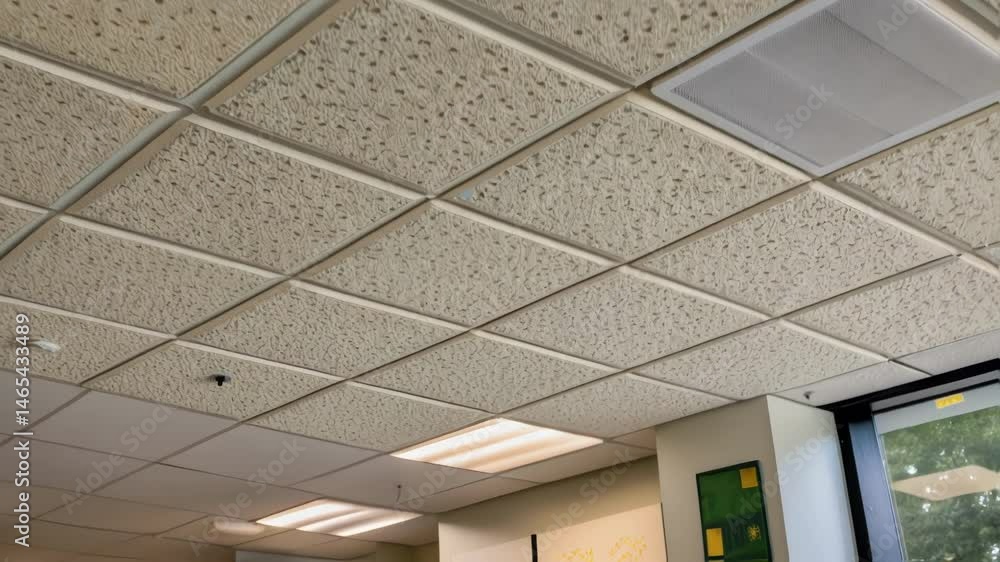 Aufkleber A closeup image of an innovative ceiling tile made from sustainable soundproofing material highlighting its textured surface that enhances both sound absorption and visual design.