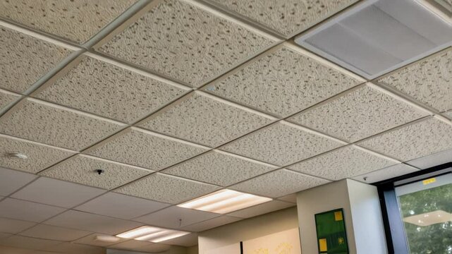A closeup image of an innovative ceiling tile made from sustainable soundproofing material highlighting its textured surface that enhances both sound absorption and visual design.