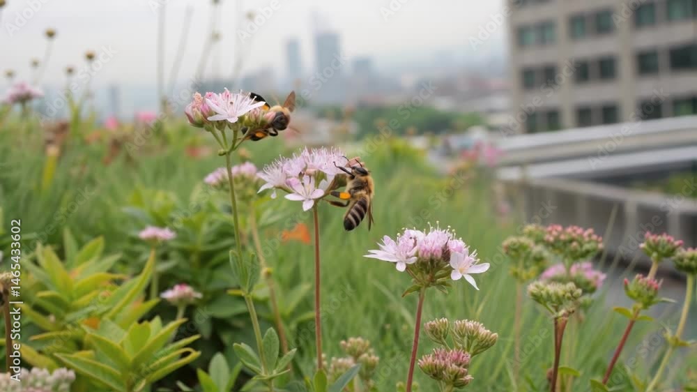 Poster a closeup image of bees pollinating blooms on a rooftop garden capturing their delicate movements am