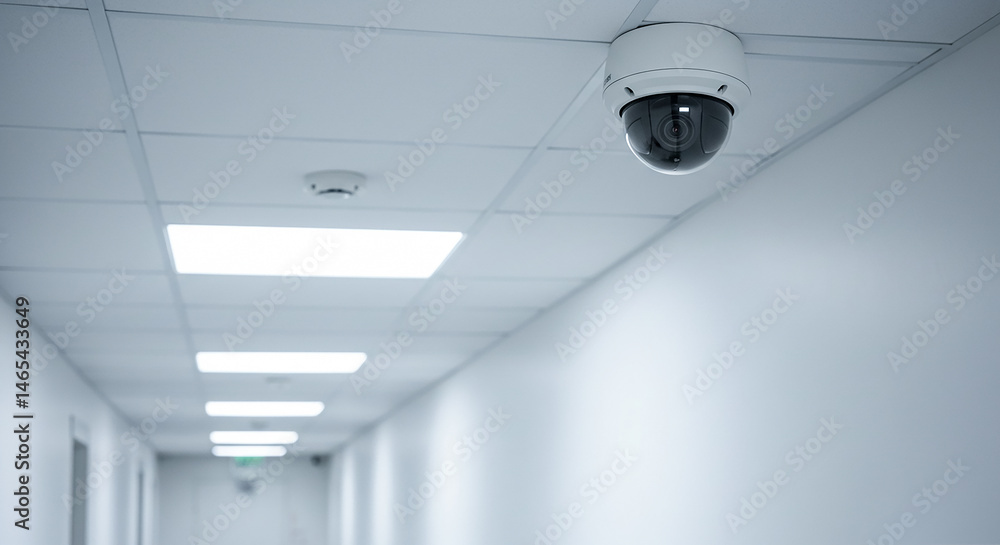 Aufkleber Security camera monitoring empty corridor with bright lights