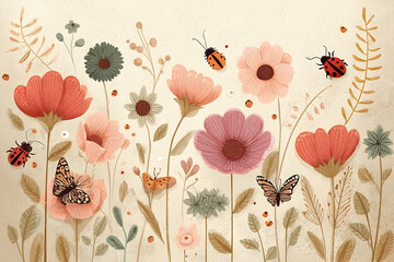 Delicate floral design with colorful blossoms and insects.