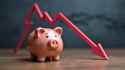 Sad piggy bank and arrow down. Difficult economic situation. Expenditure of savings and financial reserves. Falling income, economy lower wages. Illustrates the impact of economic recession