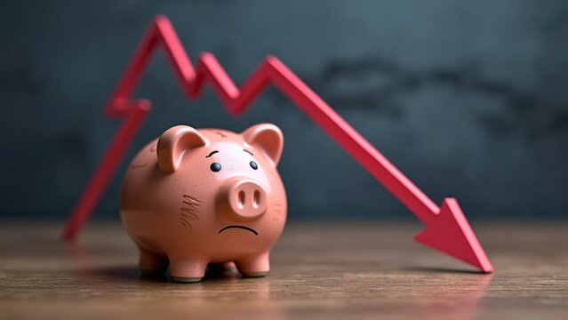 Sad piggy bank and arrow down. Difficult economic situation. Expenditure of savings and financial reserves. Falling income, economy lower wages. Illustrates the impact of economic recession