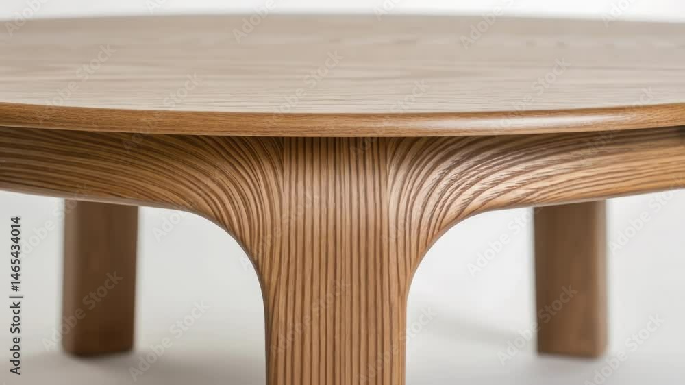 Poster A closeup of a 3Dprinted coffee table focusing on its smooth organic contours and surface finish that mimic natural wood grain with a minimalistic design that blends function and