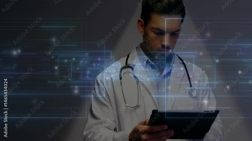 Aufkleber male doctor using tablet in health tech scene, displaying digital network nodes and data lines