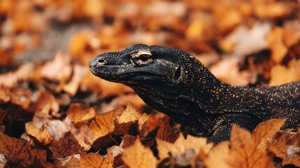 Obraz premium A close-up of a monitor lizard resting among autumn leaves