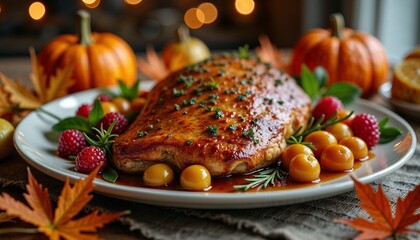 Thanksgiving feast with roasted turkey surrounded by autumn decor  