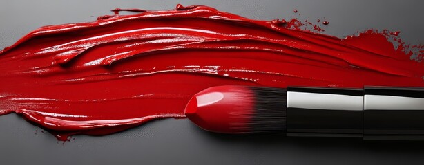 Vibrant red lipstick is beautifully showcased in a close-up, conveying elegance and sophistication