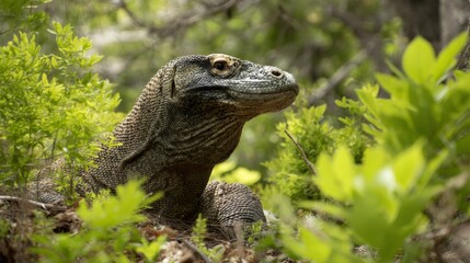 A Komodo dragon resting among lush green foliage in its natural habitat