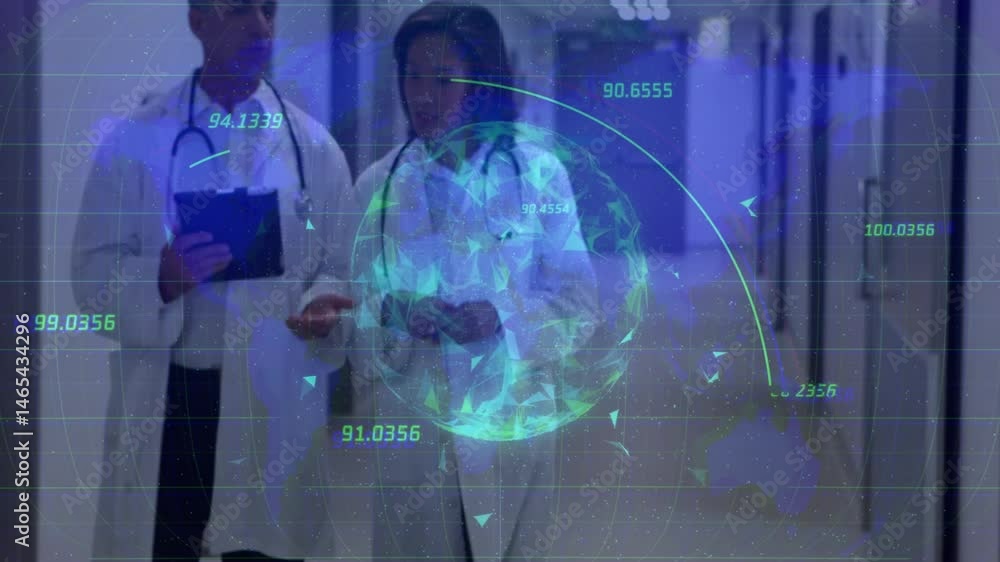 Poster doctors walking side by side while viewing smartphone, holographic globe floating health metrics