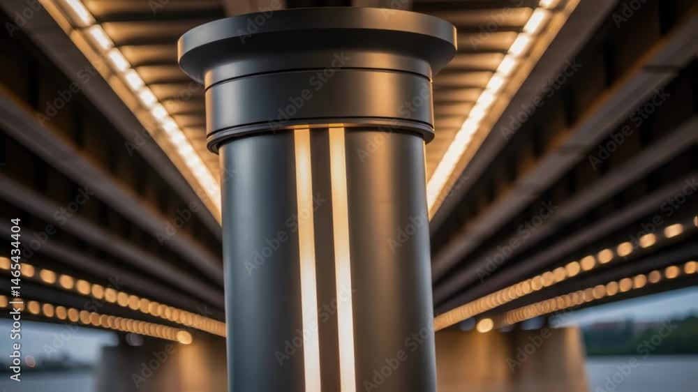 Poster A closeup of a bridge support pillar showcasing how the integrated lighting wraps around it providing both structural support and aesthetic appeal with a focus on the interplay of