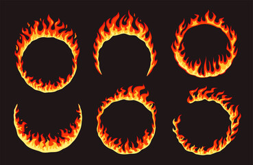 Cartoon fire flame rings. Red hot burning hoops, blaze round border frames, inferno fire circle gate, energy dynamic effect. Vector comic set isolated on dark background